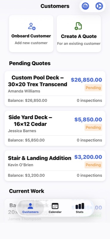 QuotePro customers screen showing pending quotes